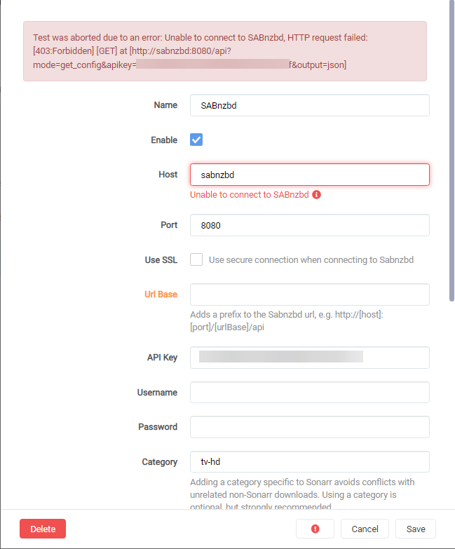 !Starr: Unable to connect to SABnzbd