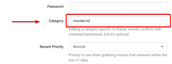 Radarr - Settings Download Clients Categories