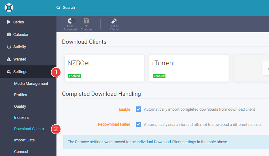 !Sonarr - Settings Download Clients