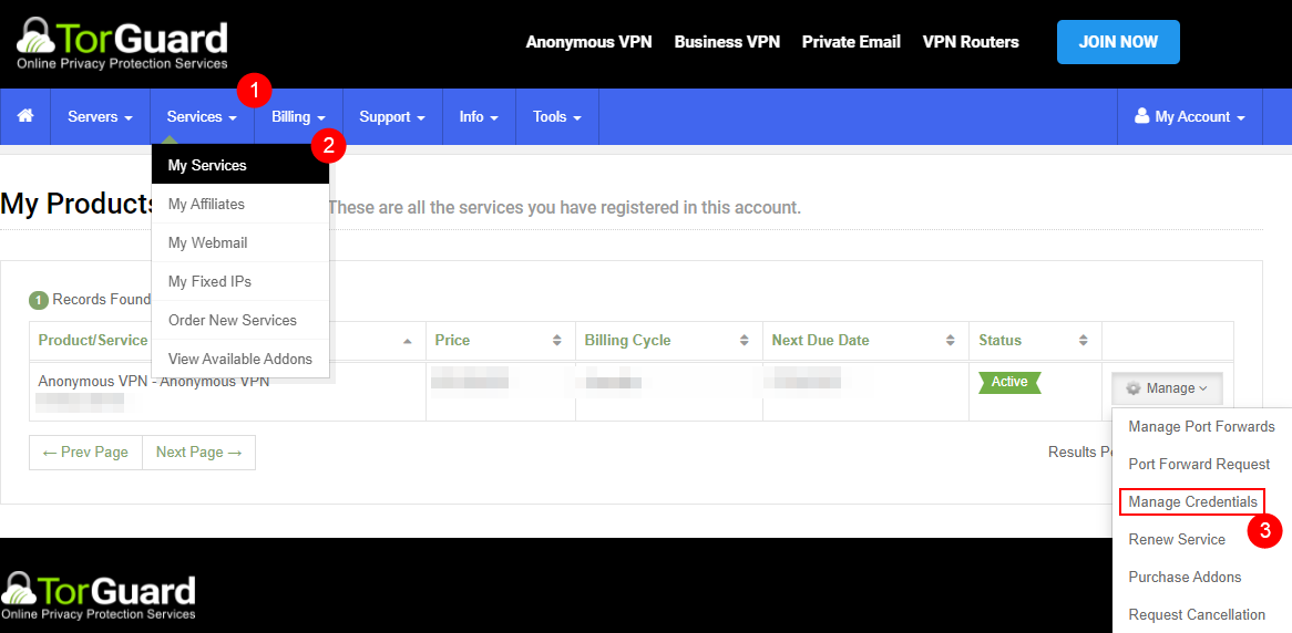 !Client Area Manage Credentials