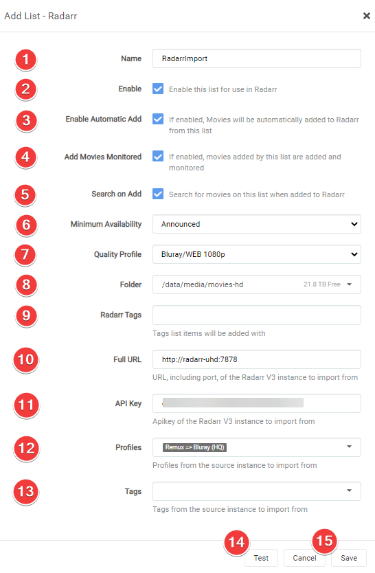 Radarr Add Lists Options