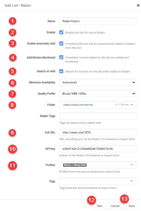 Radarr Add Lists Options