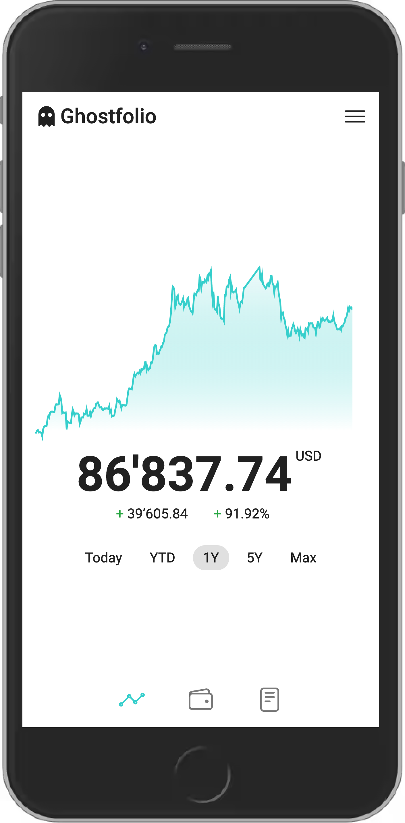 Image of a phone showing the Ghostfolio app open